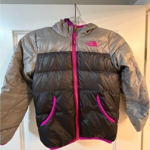 Reversible The North Face Kids' Black and Gray Puffer with Pink Trim, youth xs 6
